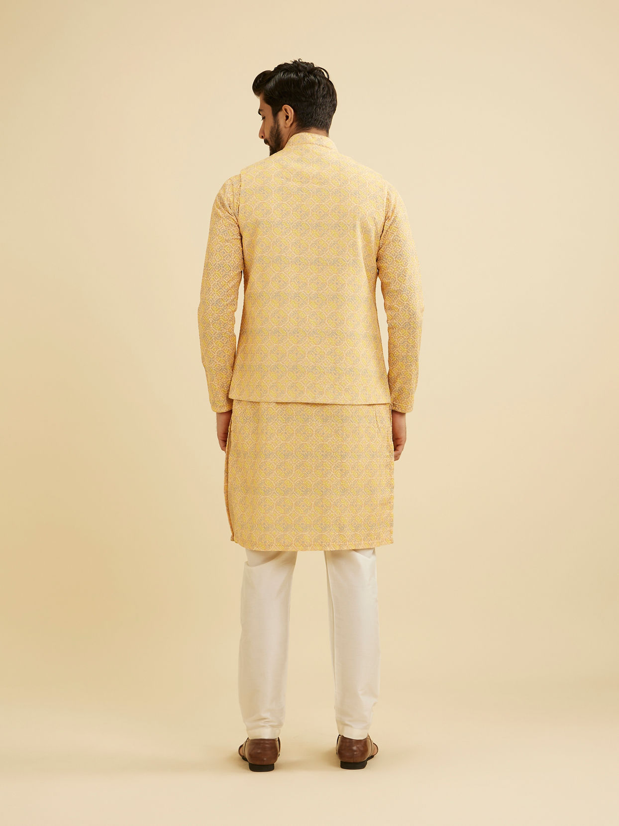 Manyavar Men Vibrant Yellow Nehru Jacket with All Over Print and Embroidery