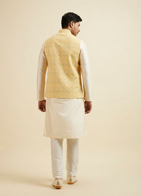 alt message - Manyavar Men Vibrant Yellow Nehru Jacket with All-Over Print and Embroidery image number 3