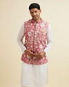 alt message - Manyavar Men Coral Pink Floral Printed Jacket image number 0