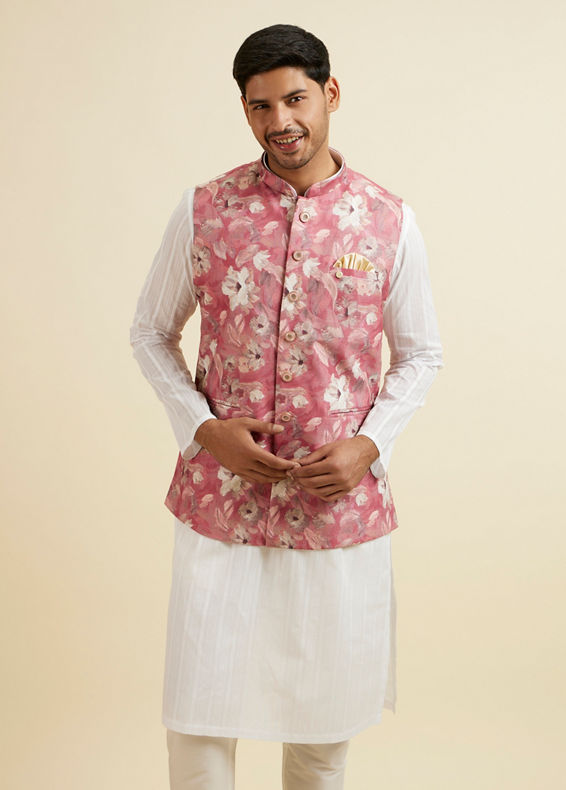 Manyavar Men Coral Pink Floral Printed Jacket