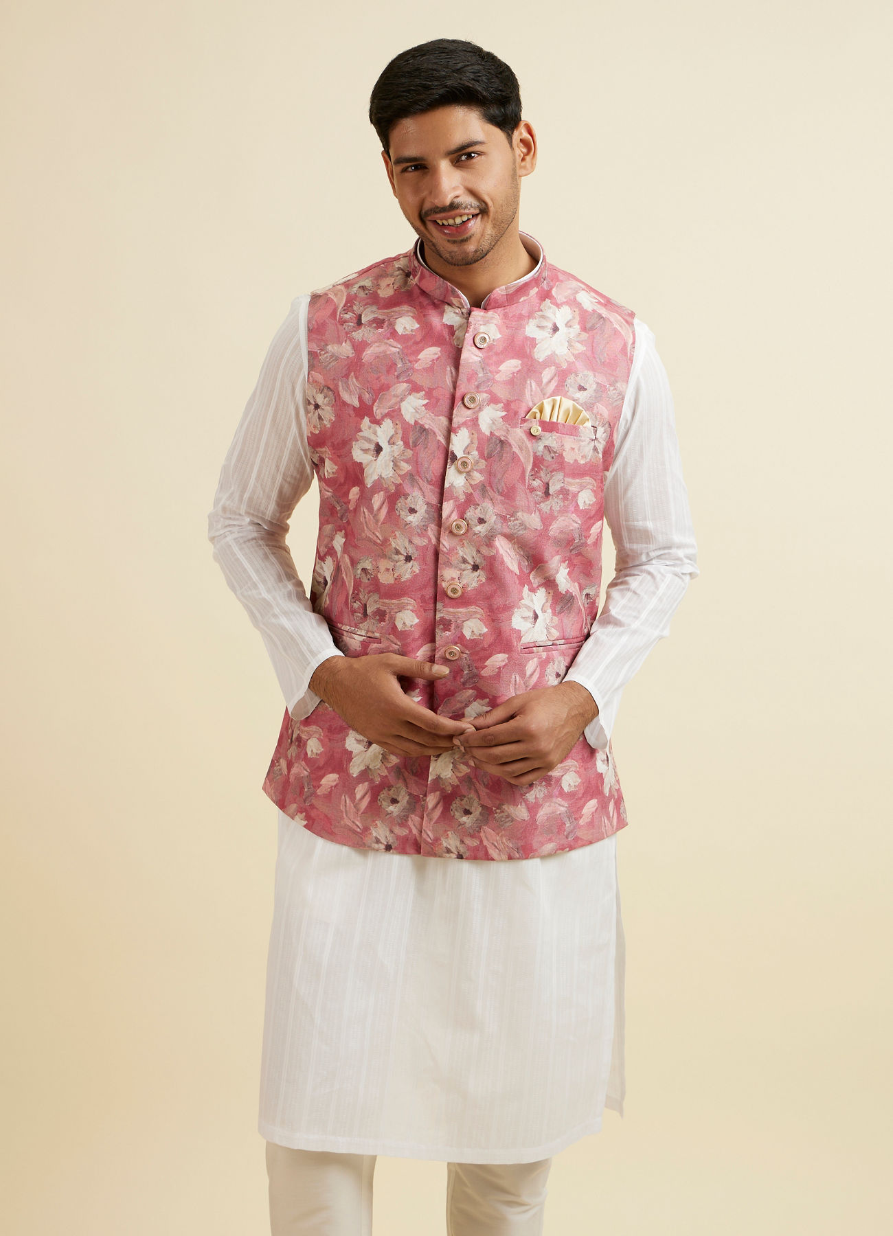 Manyavar Men Coral Pink Floral Printed Jacket