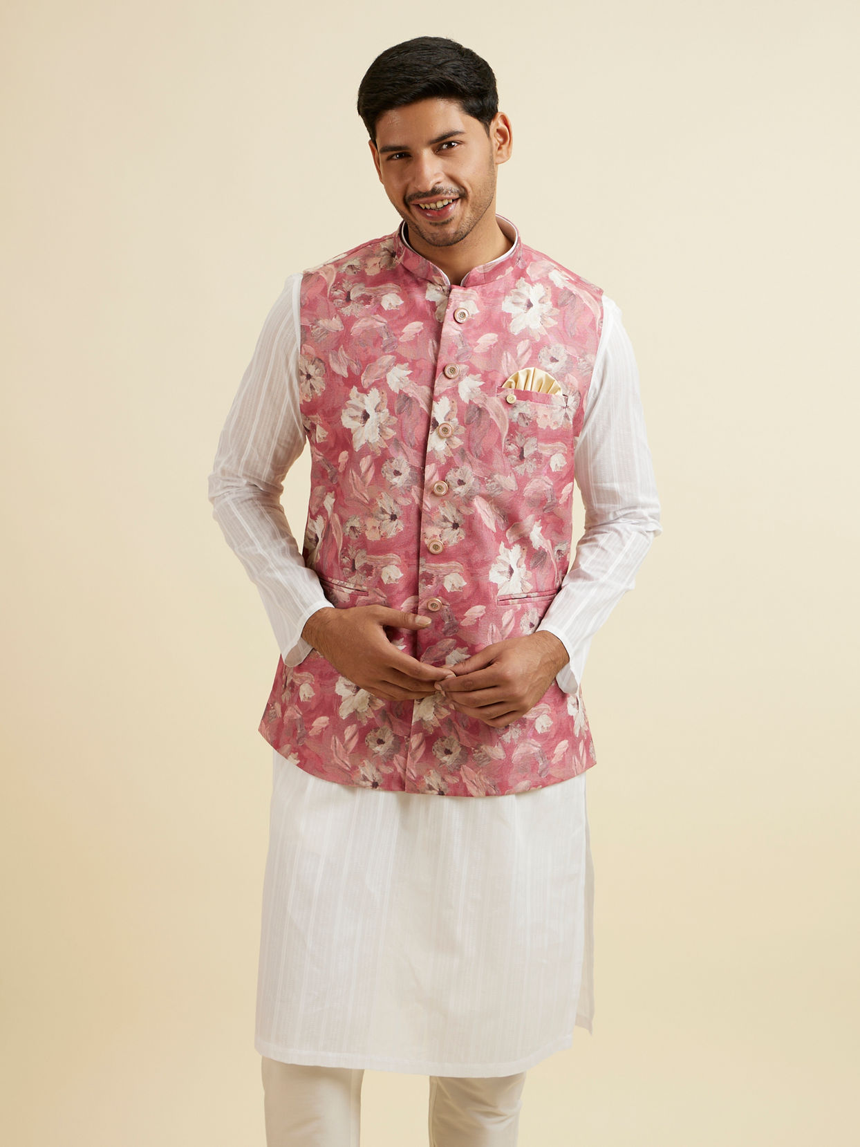 alt message - Manyavar Men Coral Pink Floral Printed Jacket image number 0