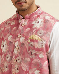 Manyavar Men Coral Pink Floral Printed Jacket