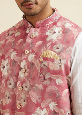 Manyavar Men Coral Pink Floral Printed Jacket image number 1