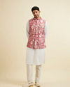 Manyavar Men Coral Pink Floral Printed Jacket