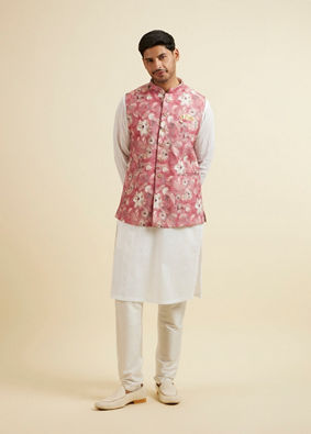 Manyavar Men Coral Pink Floral Printed Jacket image number 2