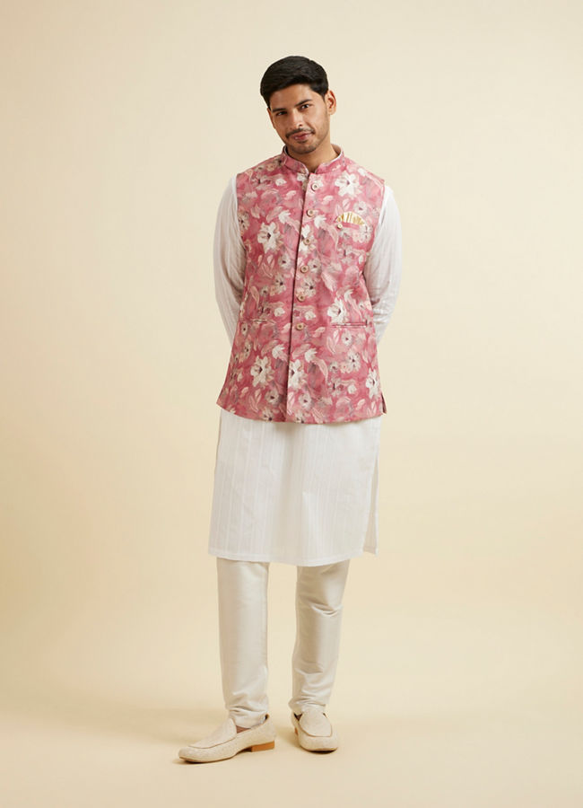 Manyavar Men Coral Pink Floral Printed Jacket