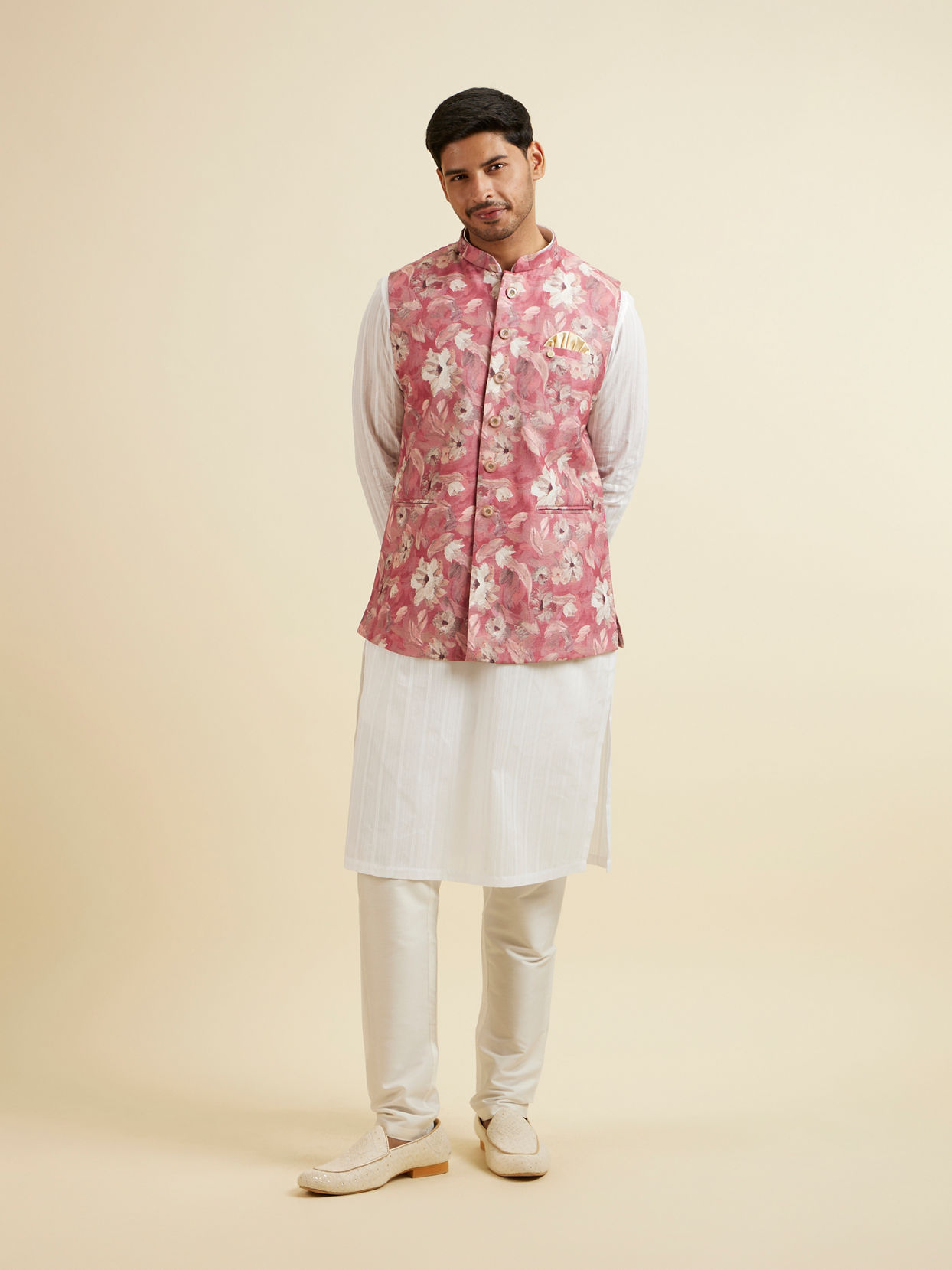 Manyavar Men Coral Pink Floral Printed Jacket