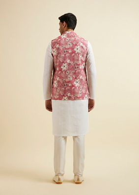 Manyavar Men Coral Pink Floral Printed Jacket image number 3