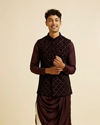 alt message - Manyavar Men Velvety Wine Embroidered Nehru Jacket image number 0