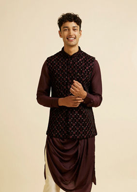 alt message - Manyavar Men Velvety Wine Embroidered Nehru Jacket