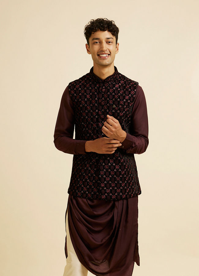 alt message - Manyavar Men Velvety Wine Embroidered Nehru Jacket image number 0