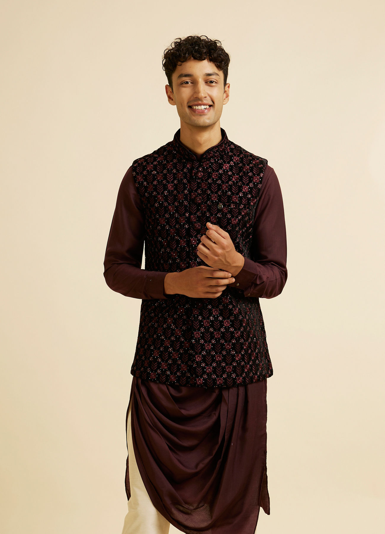 Manyavar Men Velvety Wine Embroidered Nehru Jacket