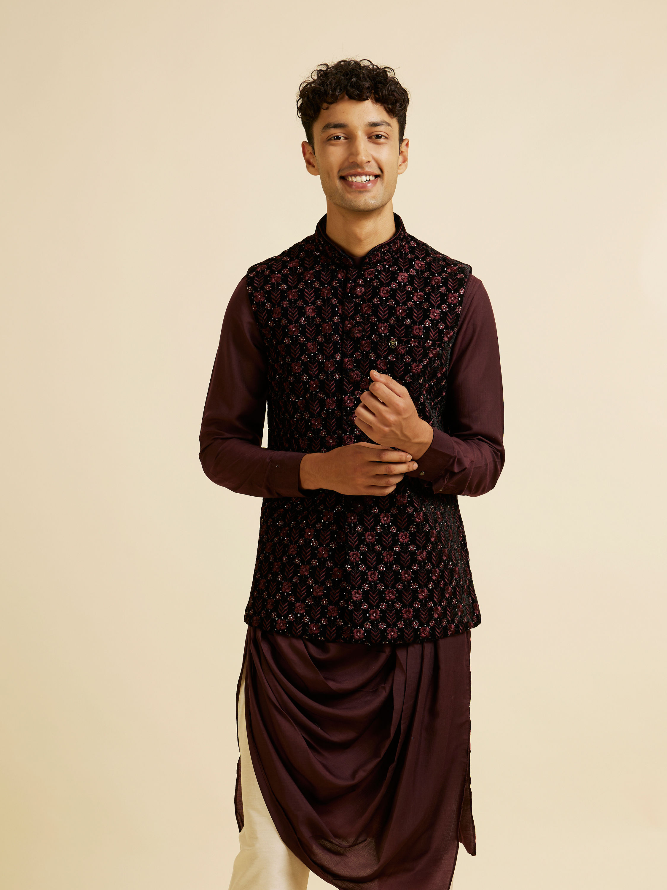 Manyavar Men Velvety Wine Embroidered Nehru Jacket