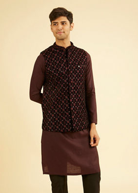 Manyavar Men Velvety Wine Embroidered Nehru Jacket