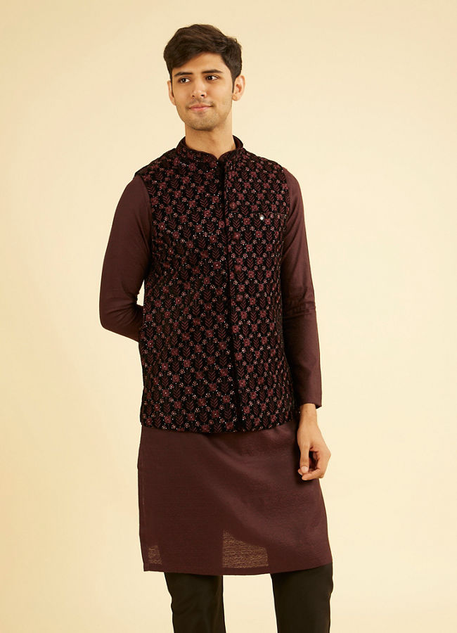 Manyavar Men Velvety Wine Embroidered Nehru Jacket