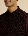 alt message - Manyavar Men Velvety Wine Embroidered Nehru Jacket image number 1