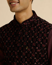 Manyavar Men Velvety Wine Embroidered Nehru Jacket