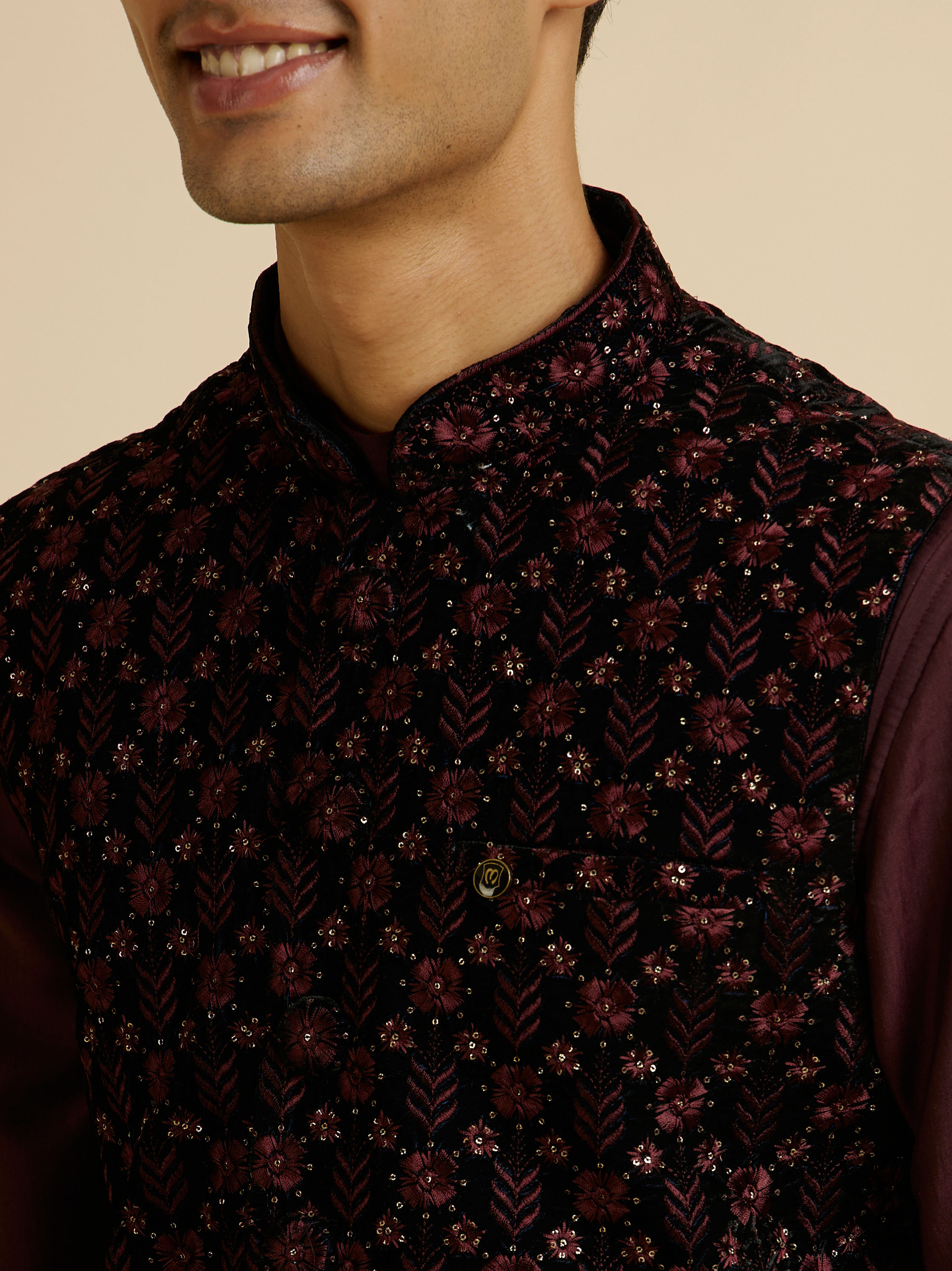 Manyavar Men Velvety Wine Embroidered Nehru Jacket