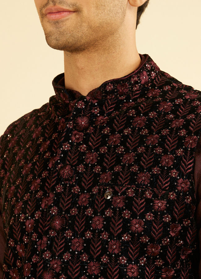 Manyavar Men Velvety Wine Embroidered Nehru Jacket