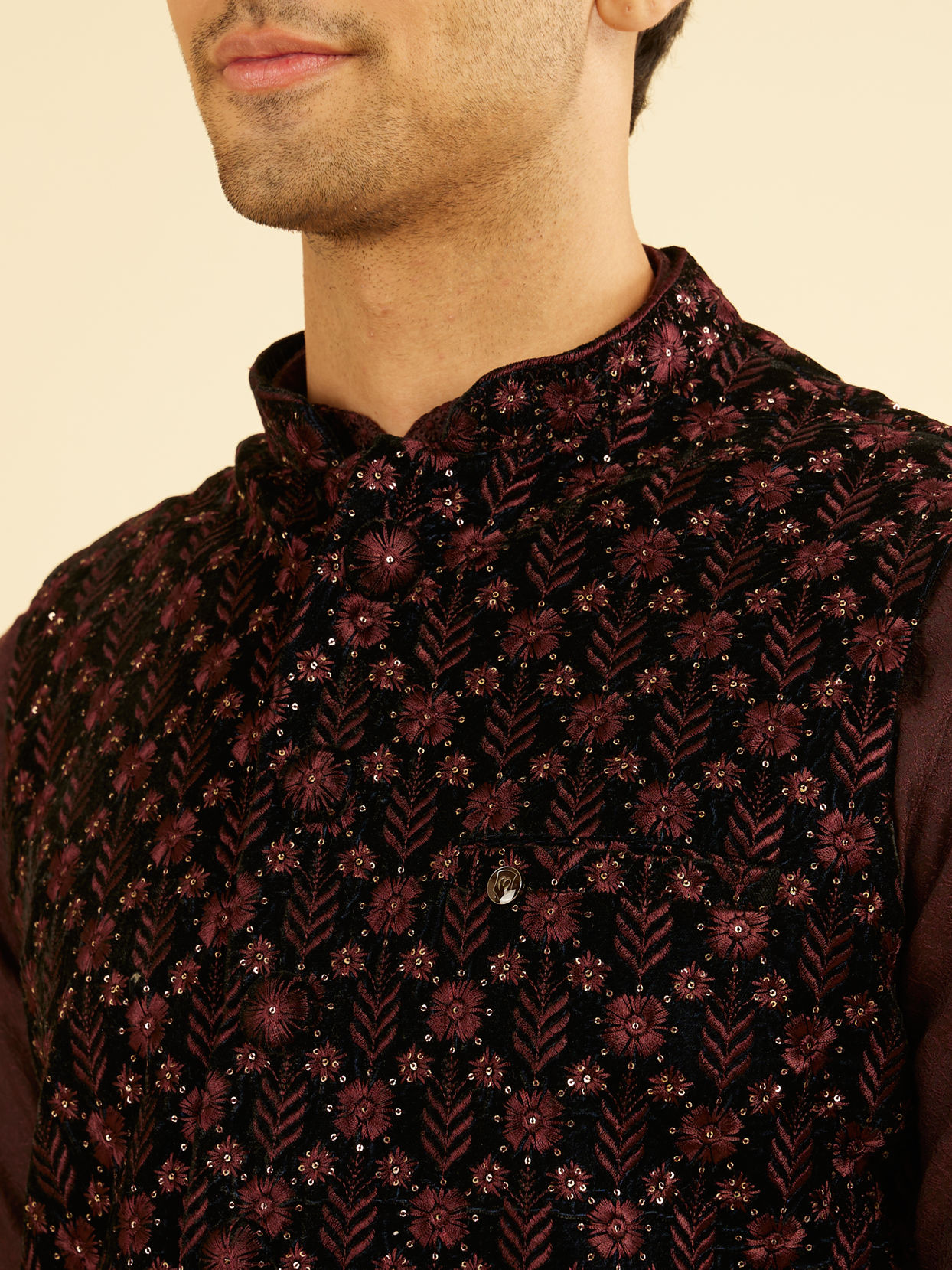 Manyavar Men Velvety Wine Embroidered Nehru Jacket