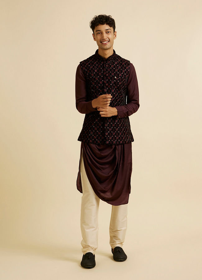 Manyavar Men Velvety Wine Embroidered Nehru Jacket