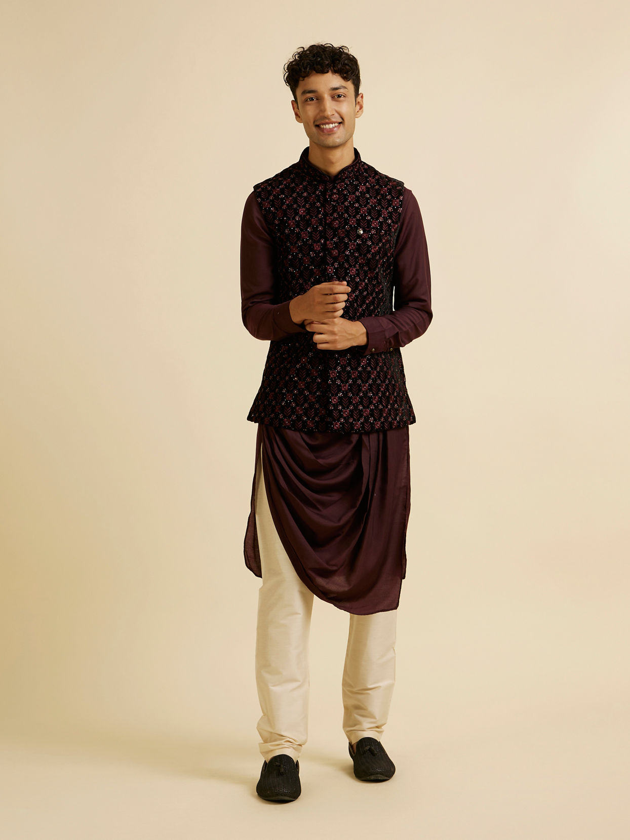 alt message - Manyavar Men Velvety Wine Embroidered Nehru Jacket image number 2