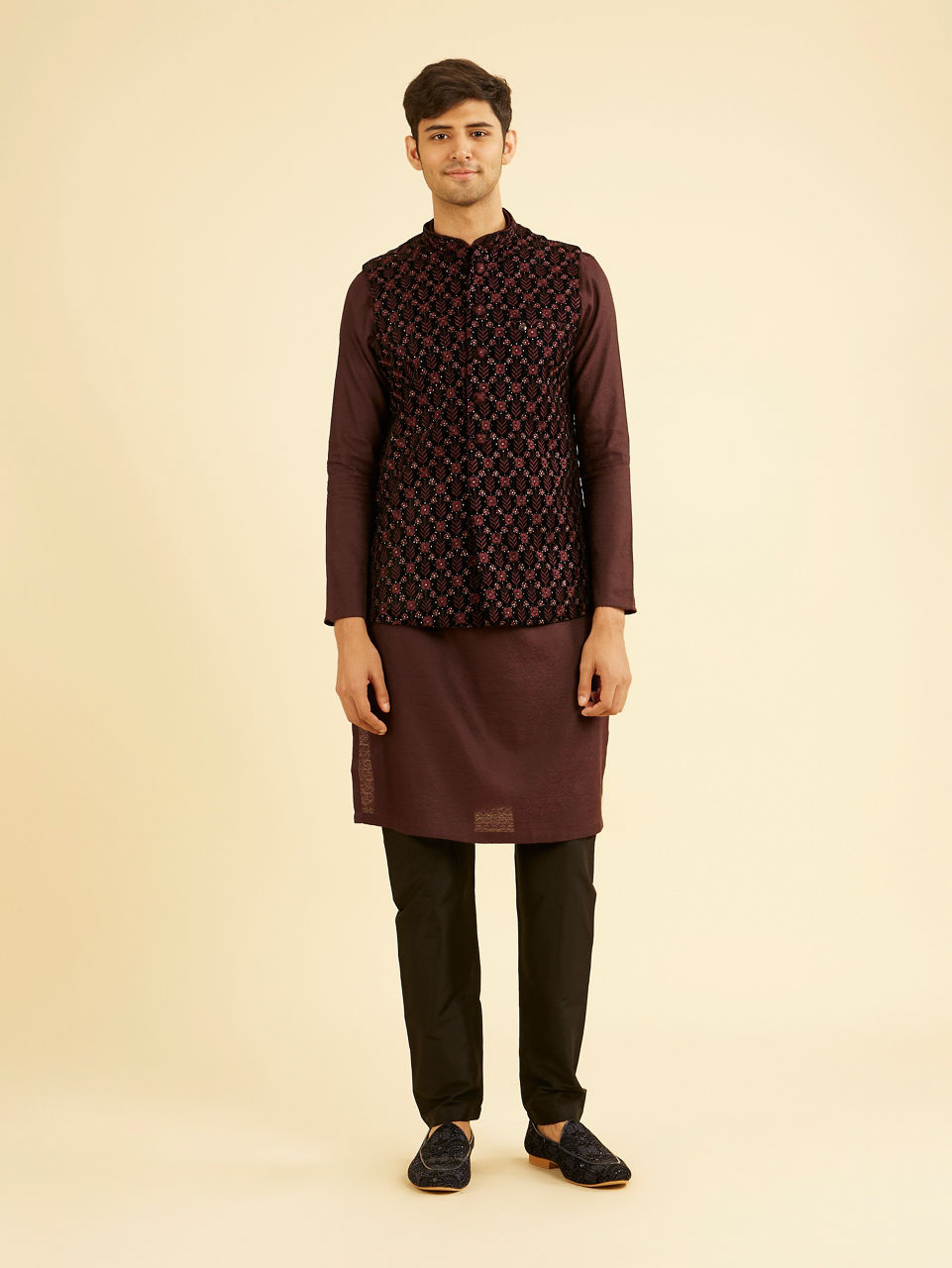 Manyavar Men Velvety Wine Embroidered Nehru Jacket