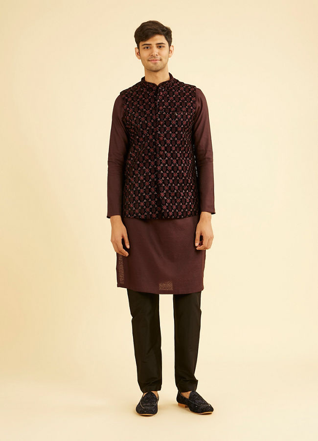 Manyavar Men Velvety Wine Embroidered Nehru Jacket