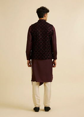 alt message - Manyavar Men Velvety Wine Embroidered Nehru Jacket image number 3