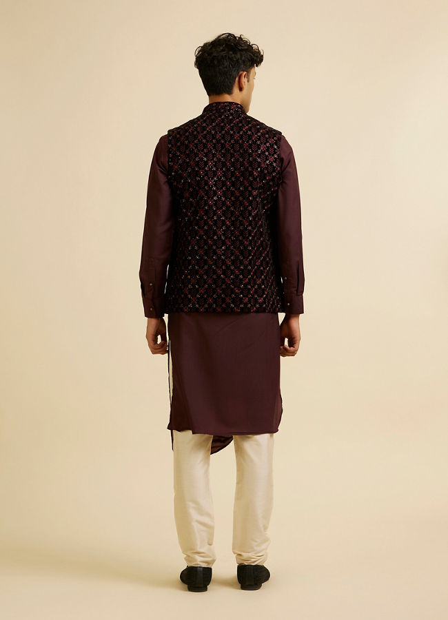 alt message - Manyavar Men Velvety Wine Embroidered Nehru Jacket image number 3