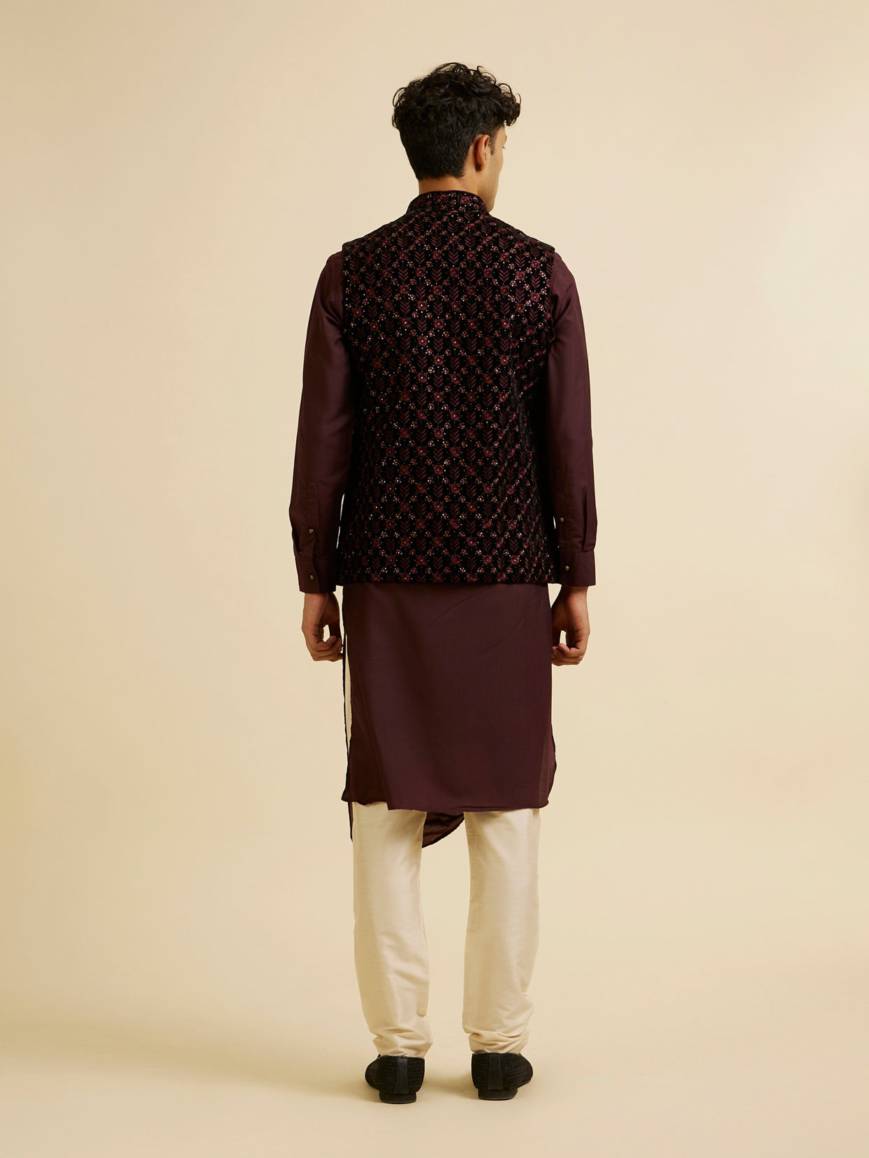 Manyavar Men Velvety Wine Embroidered Nehru Jacket