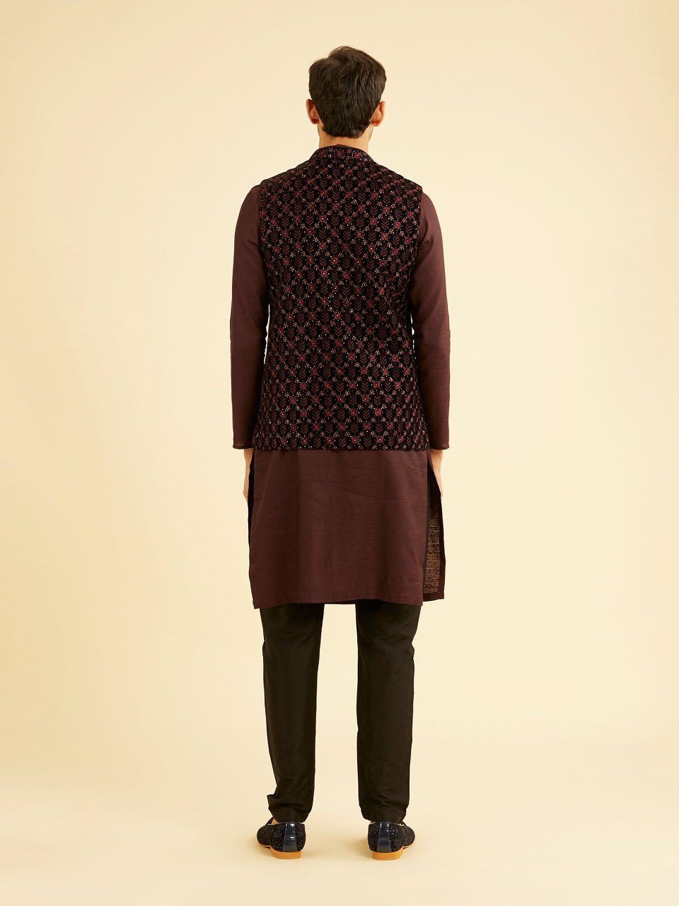 Manyavar Men Velvety Wine Embroidered Nehru Jacket