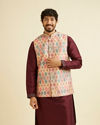 alt message - Manyavar Men Beige Ikat Inspired Ogee Printed Nehru Jacket image number 0