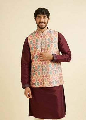 alt message - Manyavar Men Beige Ikat Inspired Ogee Printed Nehru Jacket