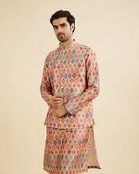 Manyavar Men Beige Ikat Inspired Ogee Printed Nehru Jacket