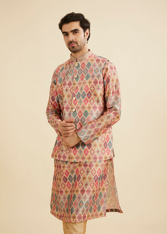 Manyavar Men Beige Ikat Inspired Ogee Printed Nehru Jacket