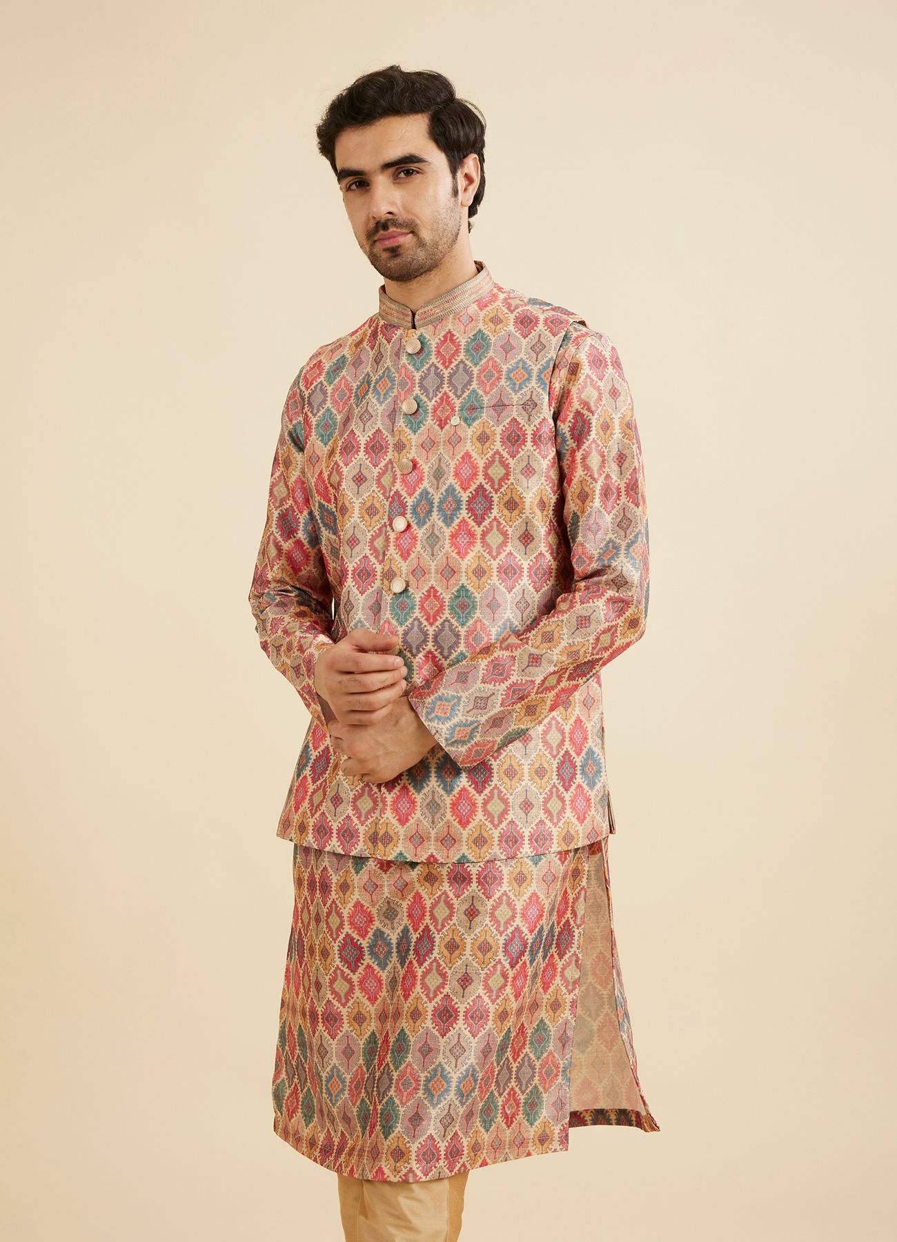 Manyavar Men Beige Ikat Inspired Ogee Printed Nehru Jacket