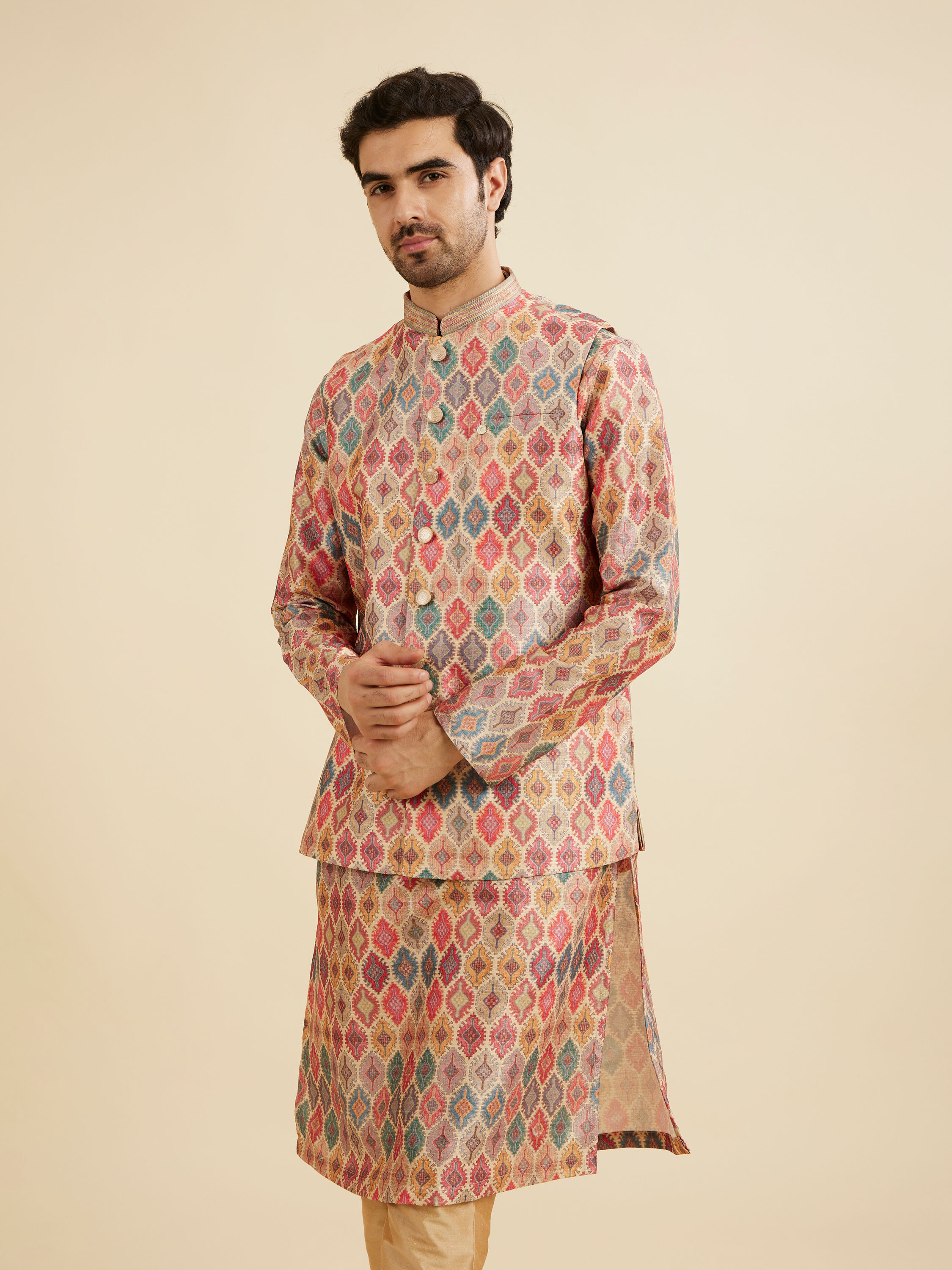 Manyavar Men Beige Ikat Inspired Ogee Printed Nehru Jacket