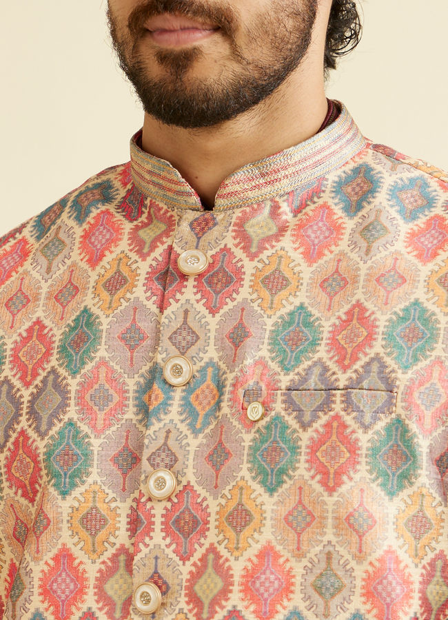 alt message - Manyavar Men Beige Ikat Inspired Ogee Printed Nehru Jacket image number 1