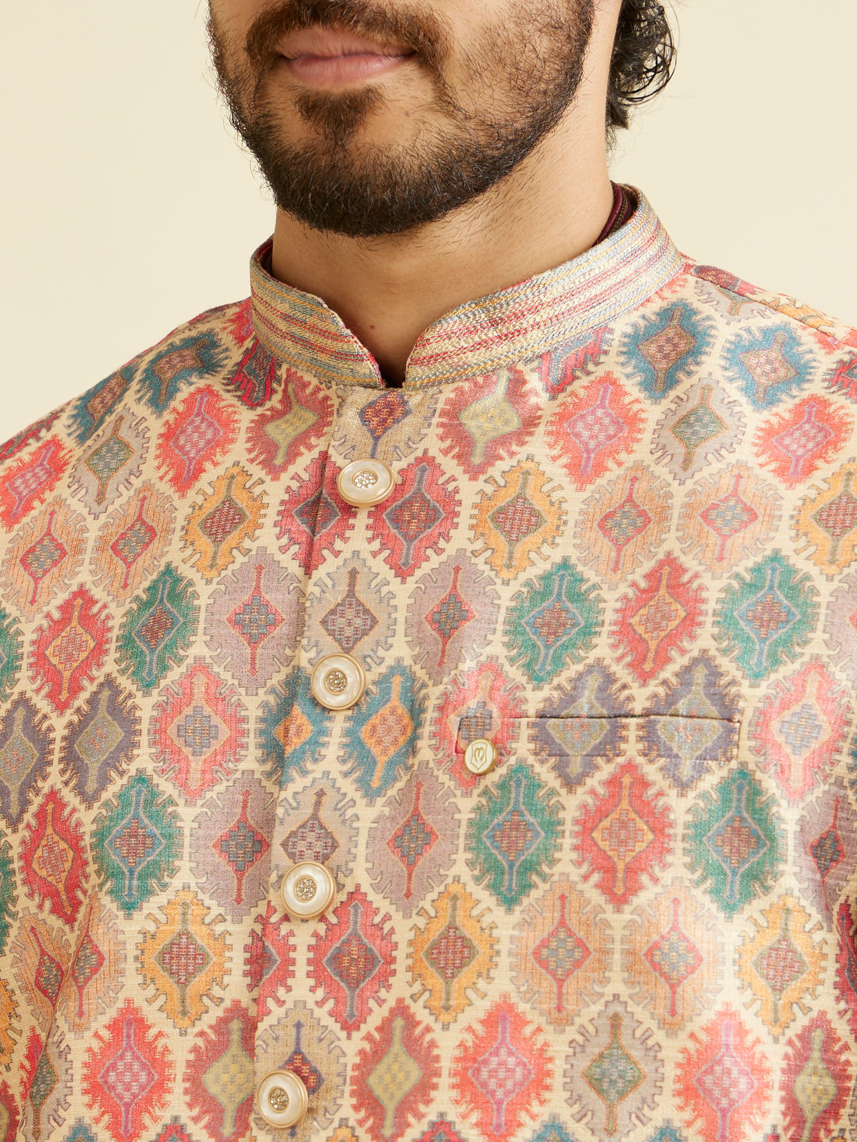 alt message - Manyavar Men Beige Ikat Inspired Ogee Printed Nehru Jacket image number 1