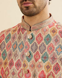 Manyavar Men Beige Ikat Inspired Ogee Printed Nehru Jacket