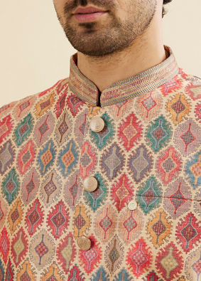 Manyavar Men Beige Ikat Inspired Ogee Printed Nehru Jacket