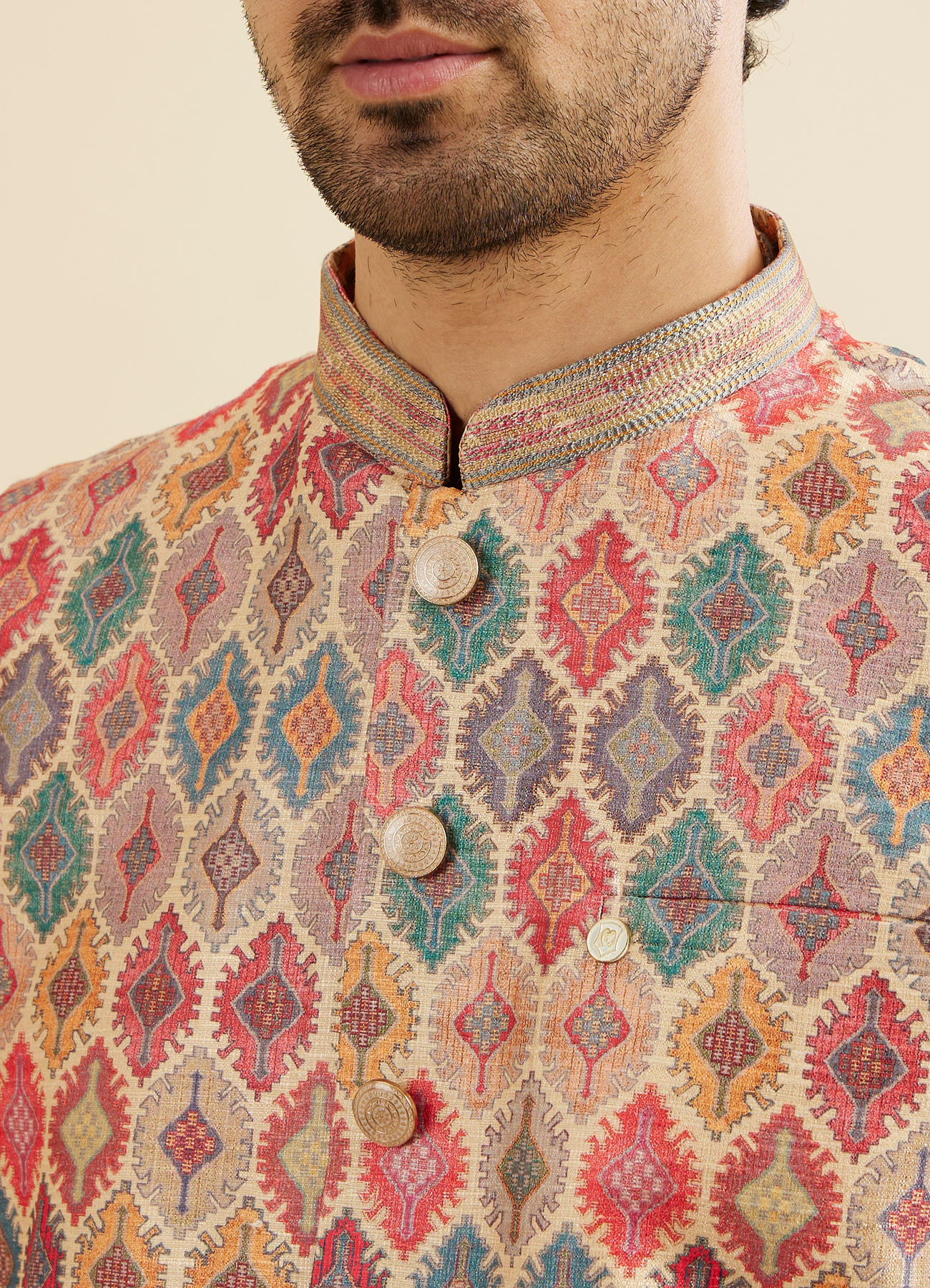 Manyavar Men Beige Ikat Inspired Ogee Printed Nehru Jacket