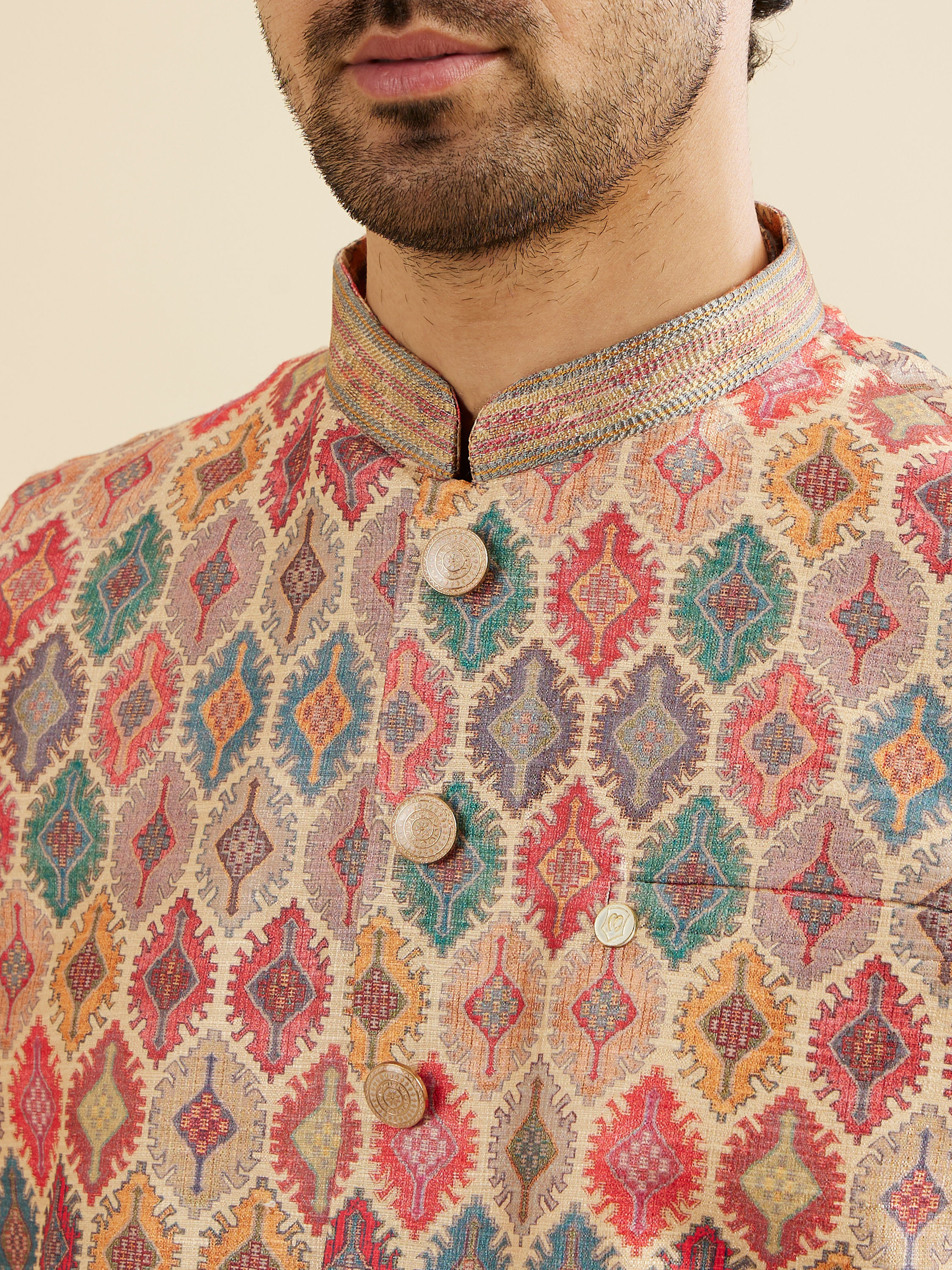 Manyavar Men Beige Ikat Inspired Ogee Printed Nehru Jacket