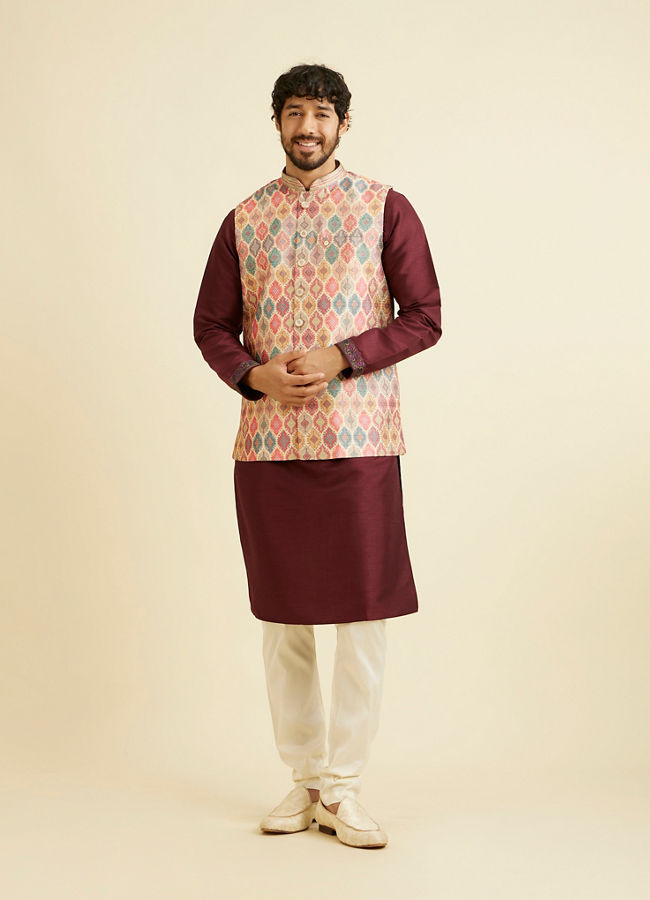 alt message - Manyavar Men Beige Ikat Inspired Ogee Printed Nehru Jacket image number 2