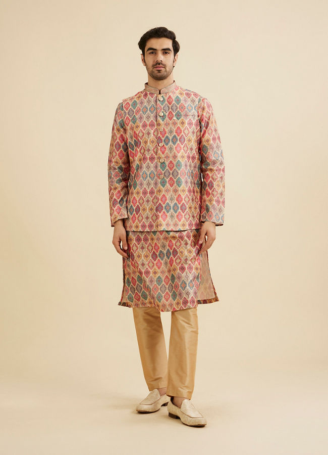 Manyavar Men Beige Ikat Inspired Ogee Printed Nehru Jacket