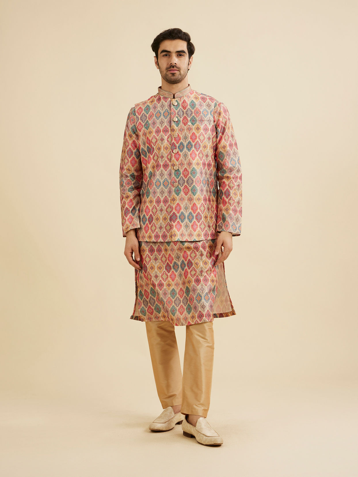 Manyavar Men Beige Ikat Inspired Ogee Printed Nehru Jacket