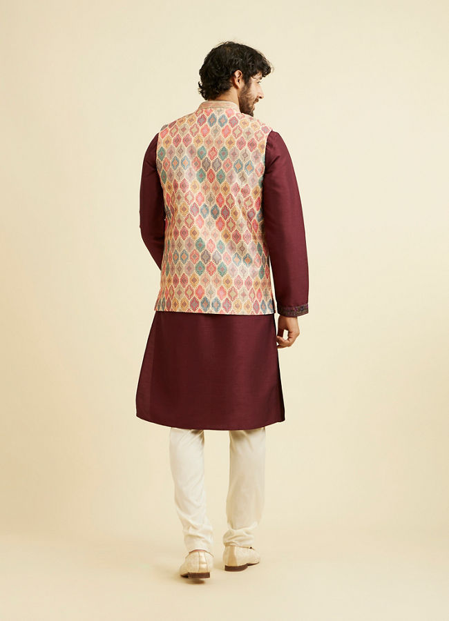 alt message - Manyavar Men Beige Ikat Inspired Ogee Printed Nehru Jacket image number 3