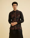 Manyavar Men Black Fern Motifs in Fish Scale Pattern Nehru Jacket image number 0